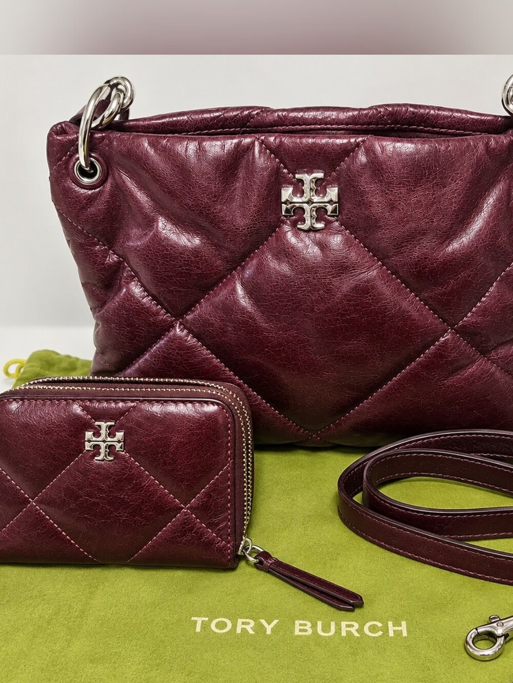 Tory Burch Quilted Leather Shoulder Bag and Zip Wallet in Burgundy
